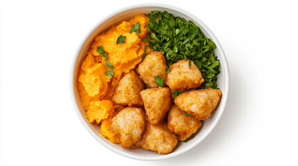 Fototapeta premium Delicious chicken nuggets with creamy mashed potatoes and fresh parsley