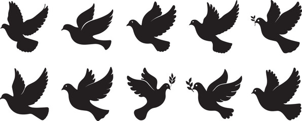 Obraz premium Vector set of fire flames with flying dove silhouettes