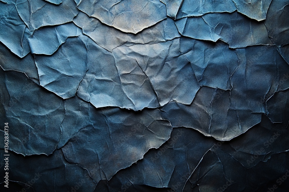 Poster textured blue paper with intricate wrinkles showcased in a close-up view under soft lighting conditi