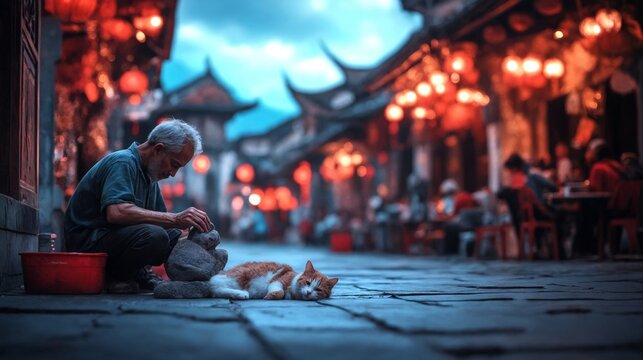 Un anciano se sienta junto a un gato en una calle iluminada con farolillos en una ciudad china tradicional.