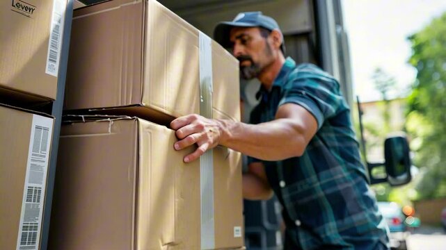 Delivery man unloading stacked cardboard boxes from truck during sunny day. Concept of logistics and professional service