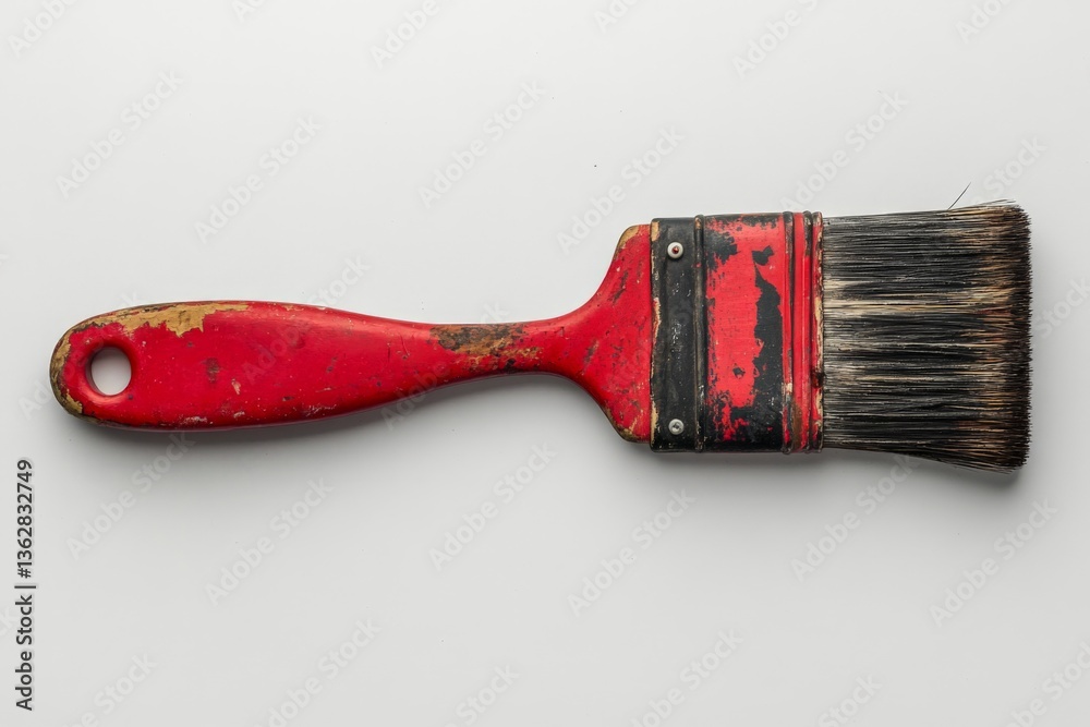 Poster red paintbrush with worn bristles resting on a simple white background captures the essence of creat