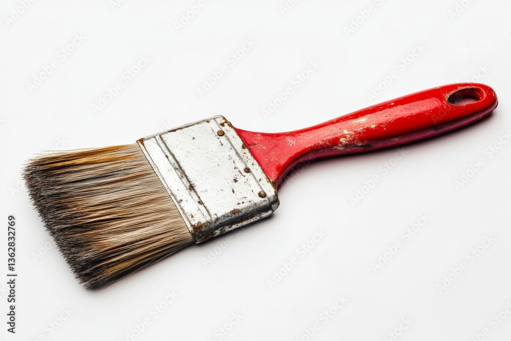 Poster vintage paintbrush with red handle and worn bristles displayed on a white background