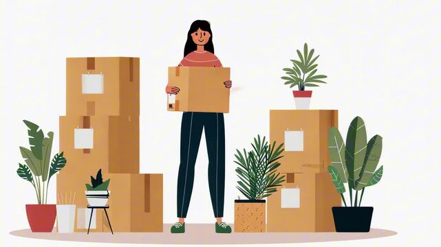 Flat illustration of woman holding box surrounded by plants and cardboard packages on white background. Concept of moving and indoor greenery