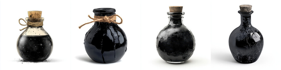 collection of four glass potion bottles filled with dark liquid, showcasing various shapes and sizes. bottles have cork stoppers and some feature