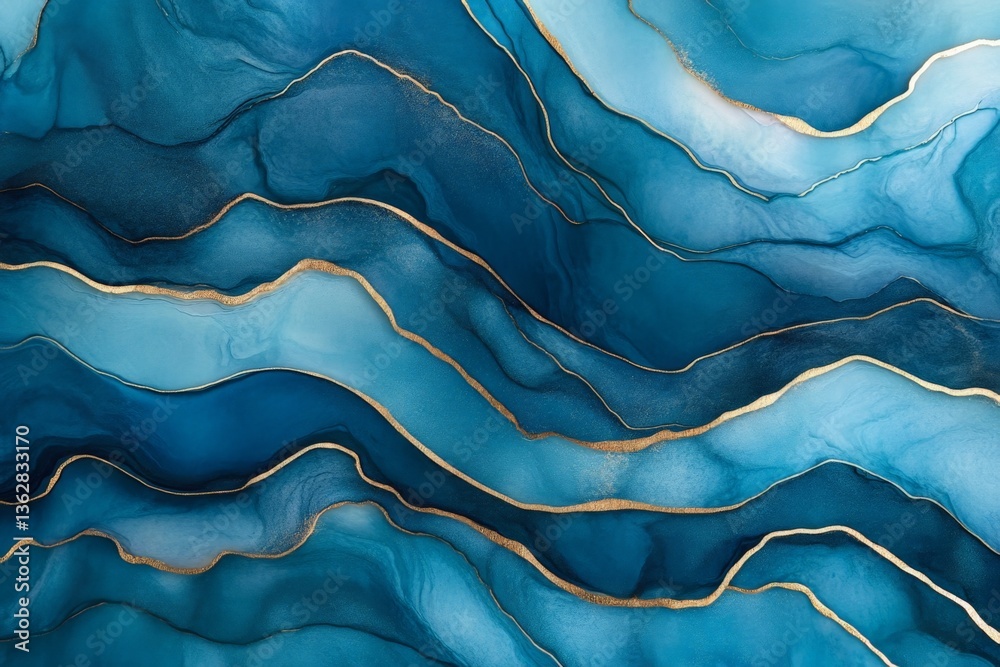 Poster vibrant blue abstract art with gold accents flows seamlessly across the canvas with smooth, wavy lin