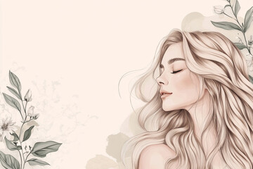 a minimalistic and design a banner for a hair salon, a simple, elegant color palette with soft neutral colors such as white, light beige, and on the side a girl with luxurious hair. 