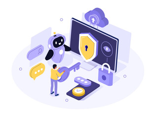 Character use artificial intelligence tools to detect cyberthreats and for data security, protection, privacy. Cybersecurity in cloud computing concept. Flat isometric vector illustration.