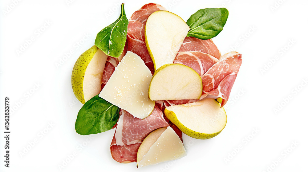 Poster fresh pear and prosciutto salad with cheese and spinach for gourmet dining