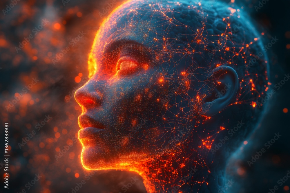 Aufkleber digital portrait of a futuristic figure illuminated by glowing connections in a dark environment