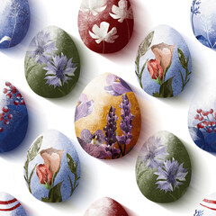 Happy easter. Seamless pattern for the holiday. Rabbit, Easter eggs, flowers, willow, mimosa. Spring, a religious holiday. Easter poster and banner template for Easter. Template for promotion.
