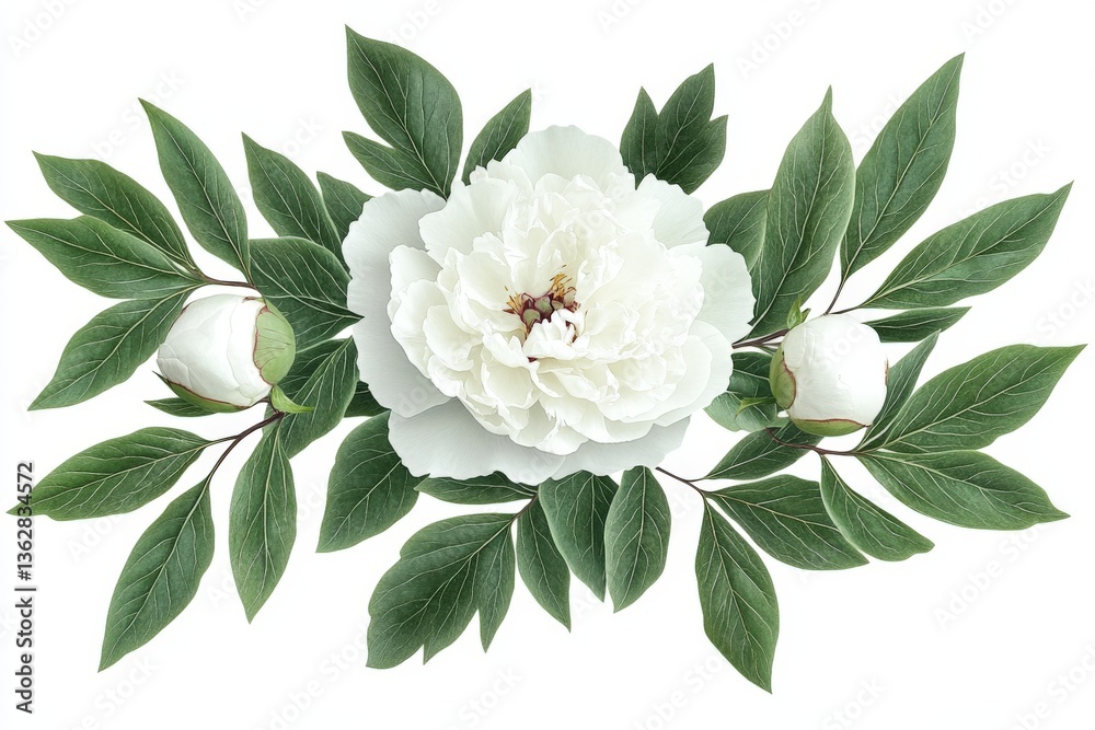 Poster white peony surrounded by lush green leaves and unopened buds on a light background highlighting flo