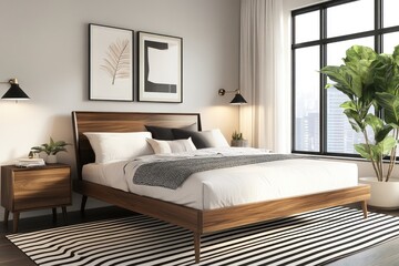 Modern bedroom with wood bed, city view.