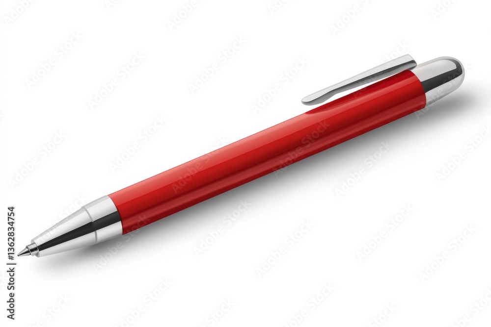 Poster bright red pen resting on a smooth surface, showcasing its sleek design and chrome accents in a well
