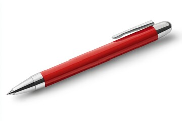 Bright red pen resting on a smooth surface, showcasing its sleek design and chrome accents in a well-lit workspace