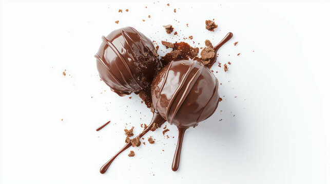 Gourmet dark chocolate pralines on white background - perfect for dessert and culinary design