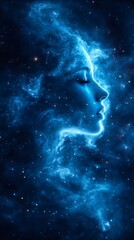 A Celestial Portrait Depicts a Glowing Female Face in Space