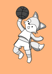 Cute retro animals player Illustration card , fox playing basketball . Black and white halftone line on  pastel background .  minimalist chic cartoon characters.