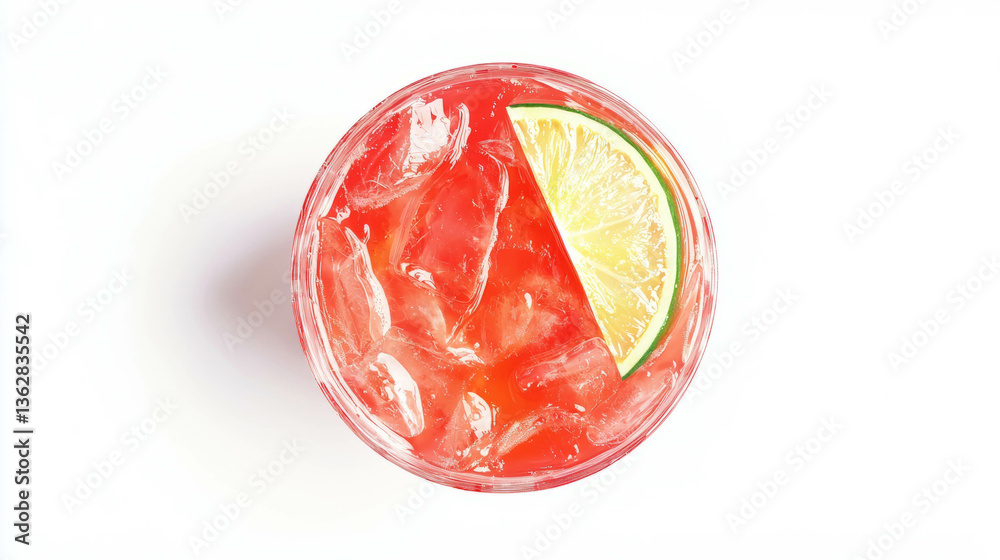 Poster Refreshing prickly pear juice with lime slice in glass on white background