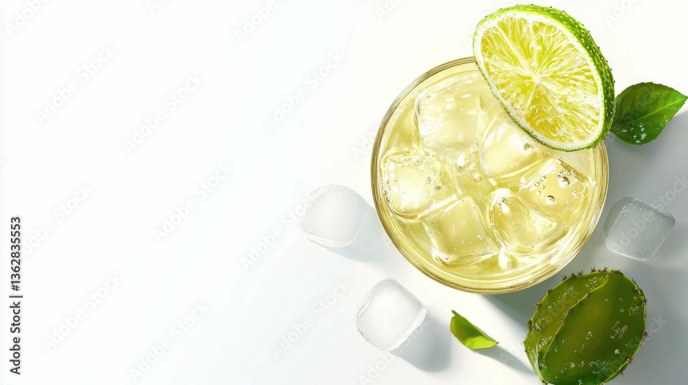 Poster Refreshing prickly pear juice with lime and ice cubes for summer drinks