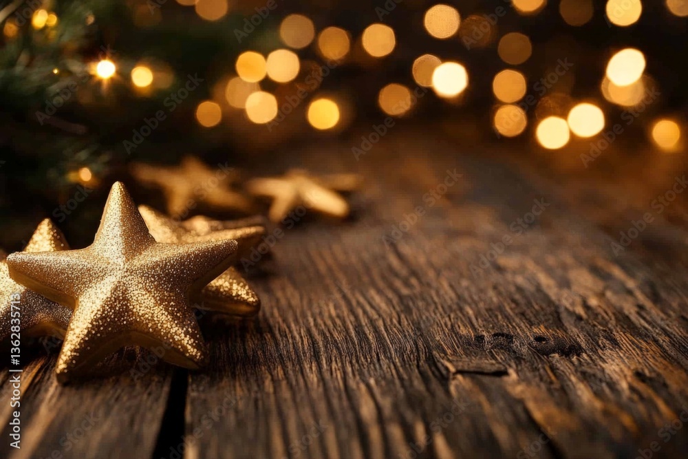 Poster holiday decorations featuring golden stars against a blurred backdrop of bokeh lights on a rustic wo