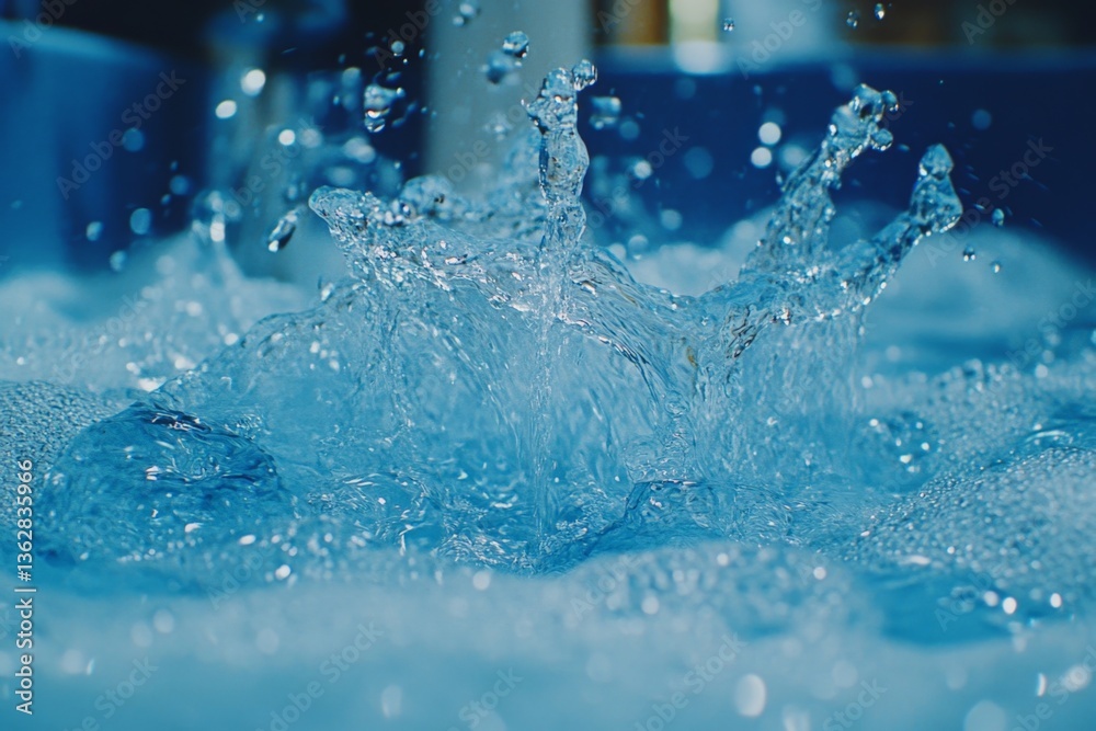 Poster water droplets create dynamic splashes in bright blue liquid during a lively summer afternoon