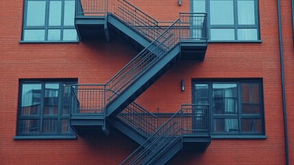 A striking spiral staircase winds its way up the side of a vibrant red brick building, contrasting beautifully with the dark metal railings and modern windows that frame the structure