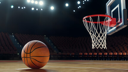 A basketball ball in front of a large modern basketball arena, showcasing the excitement and intensity of the game, with the court and seating area in the background.
