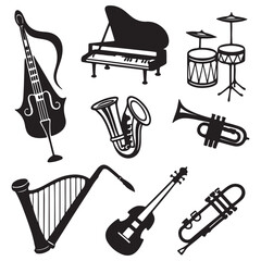 Musical instrument set. Accordion, guitar, harp, ethnic drum, violin, saxophone. Can be used for orchestra, acoustic concert, music, school concept vector