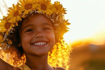 Happy vacation time symbol. Golden hour in sunset. Happy brazilian child girl wearing yellow flower crown on her head. Sunshine and flowers for kids. Young girl with natural elegance.