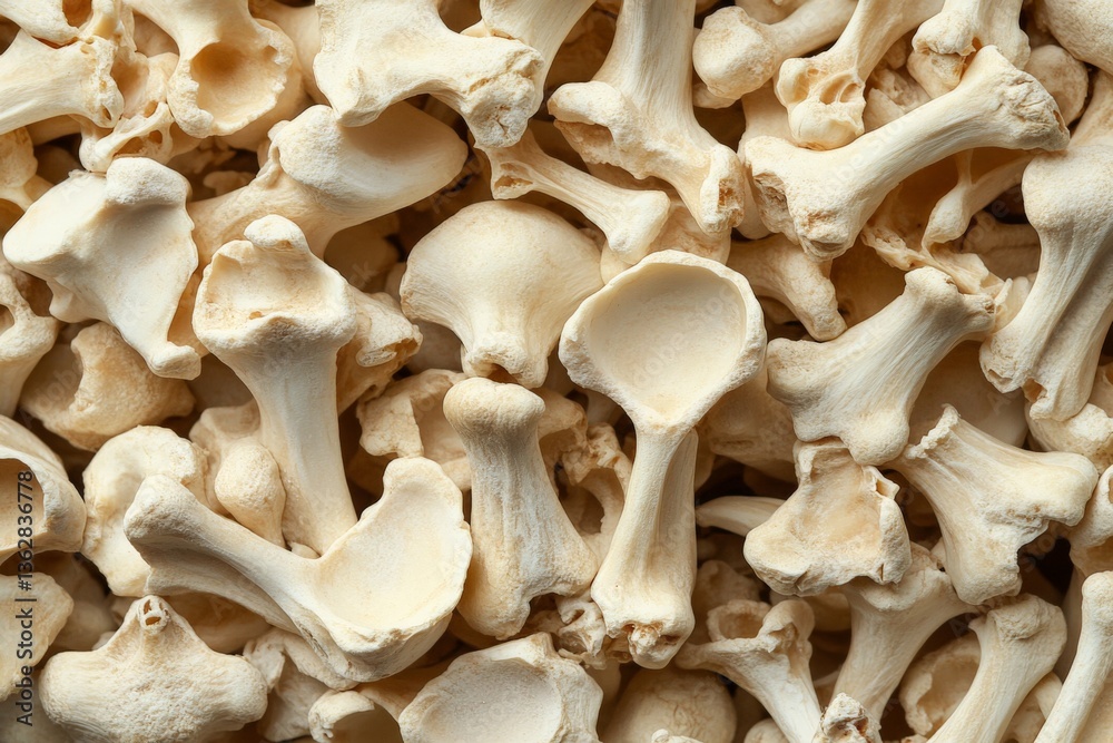 Poster close-up view of white vertebrae bones arranged together on a textured surface