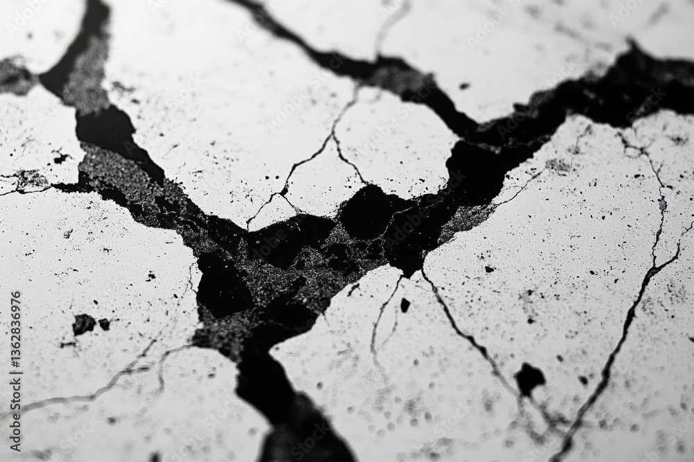 Aufkleber cracked surface showcasing intricate patterns and textures in black and white tones in natural light