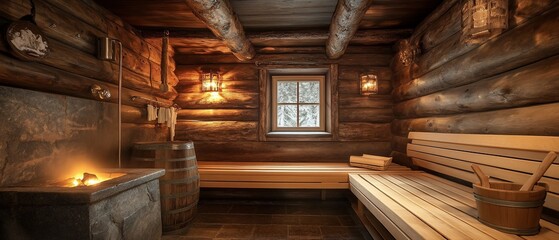 Rustic log cabin sauna with wood stove, benches, and window