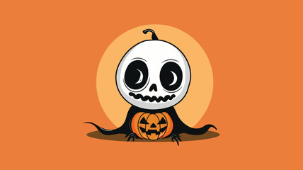 Cartoon Skeleton with Pumpkin on Orange Background