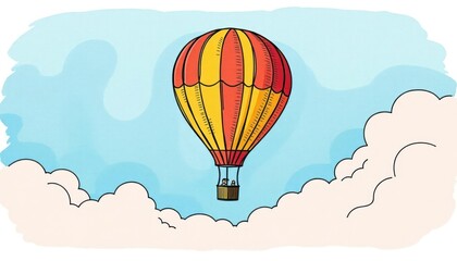 Obraz premium A colorful hot air balloon soaring through a blue sky with fluffy clouds.