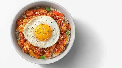Delicious rice bowl with kimchi and fried egg garnished with sesame seeds