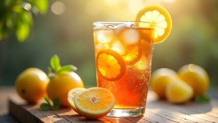 Refreshing Lemonade: A Chilled Glass with Ice, Fresh Lemons, and Slices on a Rustic Wooden Surface