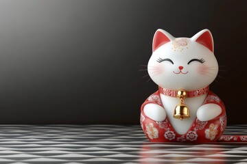 Charming decorative cat with a bell accent sitting on a patterned surface in soft lighting