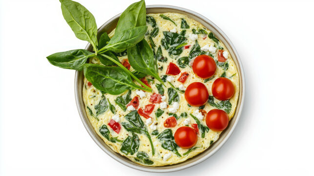 Delicious rosehip and goat cheese omelet with fresh spinach and cherry tomatoes for gourmet brunch