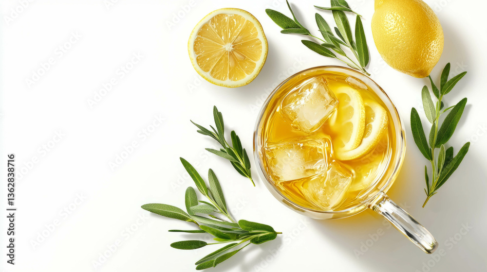 Poster refreshing sage and lemon iced tea with citrus and herbal garnish