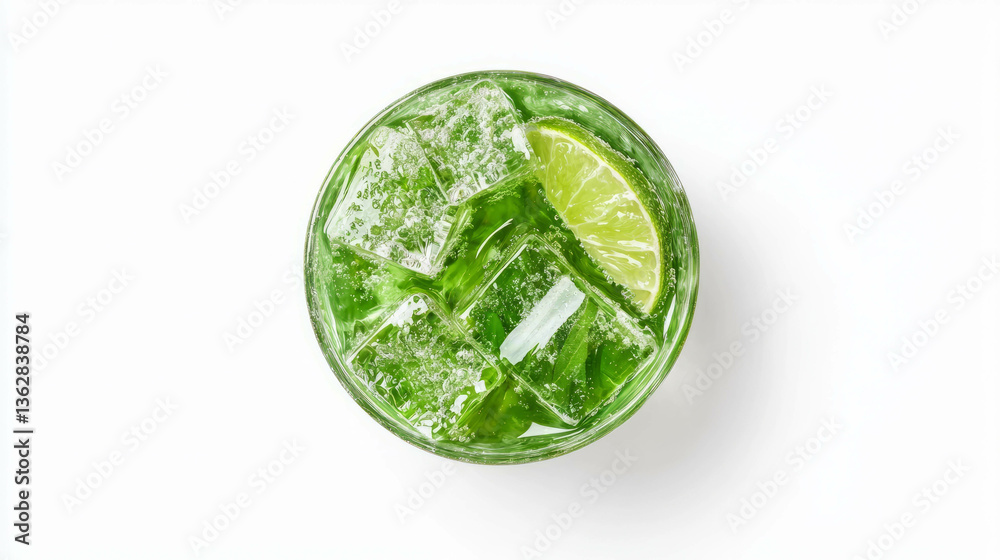 Poster refreshing sage tea ice cubes with lime in glass for summer drinks
