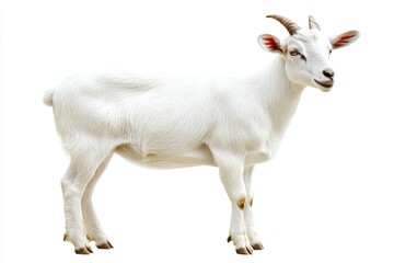 Obraz premium White goat standing on a plain background looking curiously at the viewer in a light and playful manner