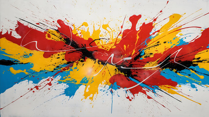 Vibrant abstract background with colorful paint splashes in red, yellow, blue, and black