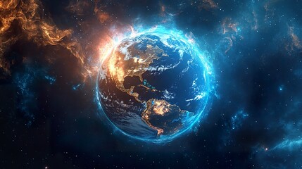 Obraz premium Earth in fiery cosmic nebula