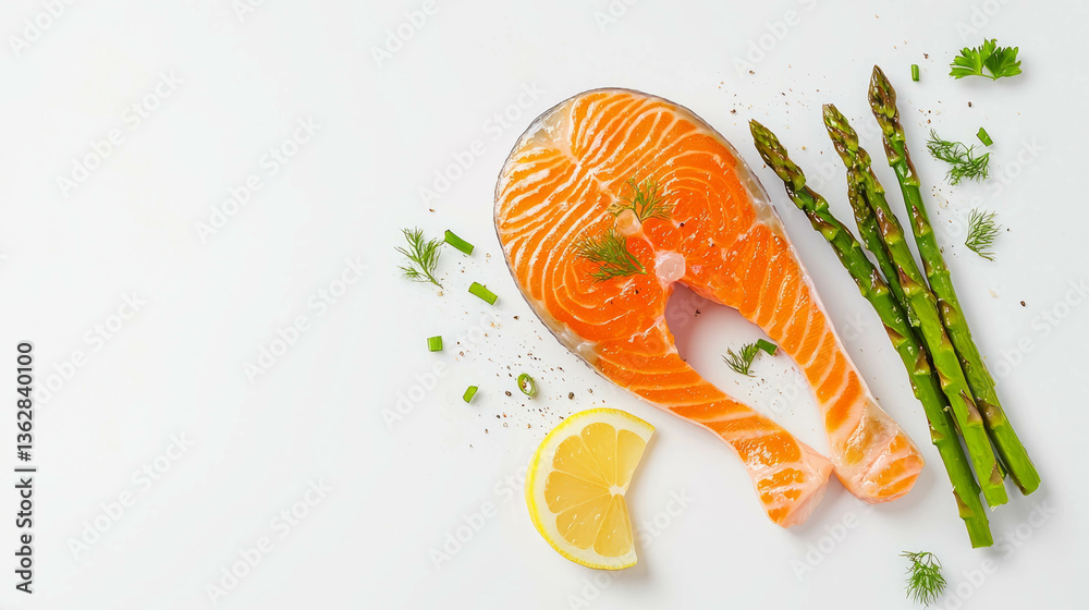 Aufkleber fresh salmon steak with asparagus and lemon on white background for culinary design