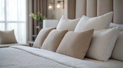 Close-up of white and beige soft pillows on a bed in a luxurious bedroom design.
