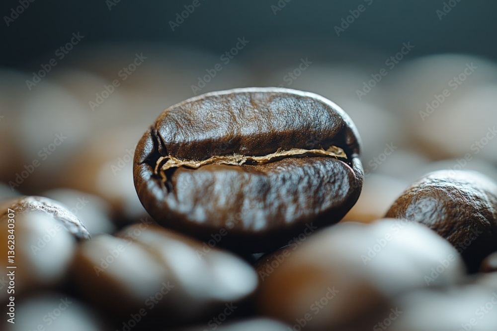 Poster close-up view of a coffee bean among roasted coffee beans in a soft light setting