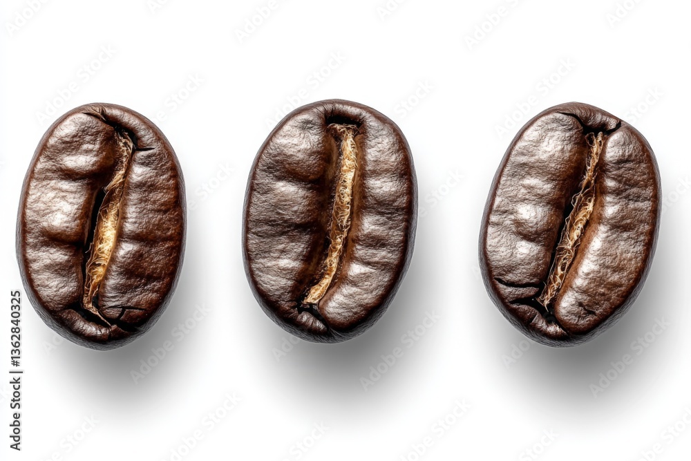 Poster coffee beans arranged on a white background showcasing their rich texture and color for a fresh brew
