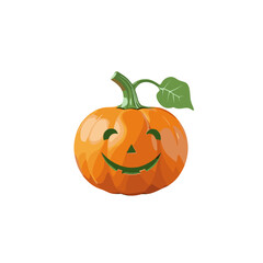The image features a cheerful illustration of a jack-o'-lantern, characterized by its bright orange color and smooth, glossy finish. The pumpkin has a friendly face with a big smile and cut-out eyes, 