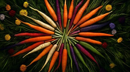 Fototapeta premium Rainbow Carrots Arranged in a Sunburst, Vibrant Food Photography AI Generated